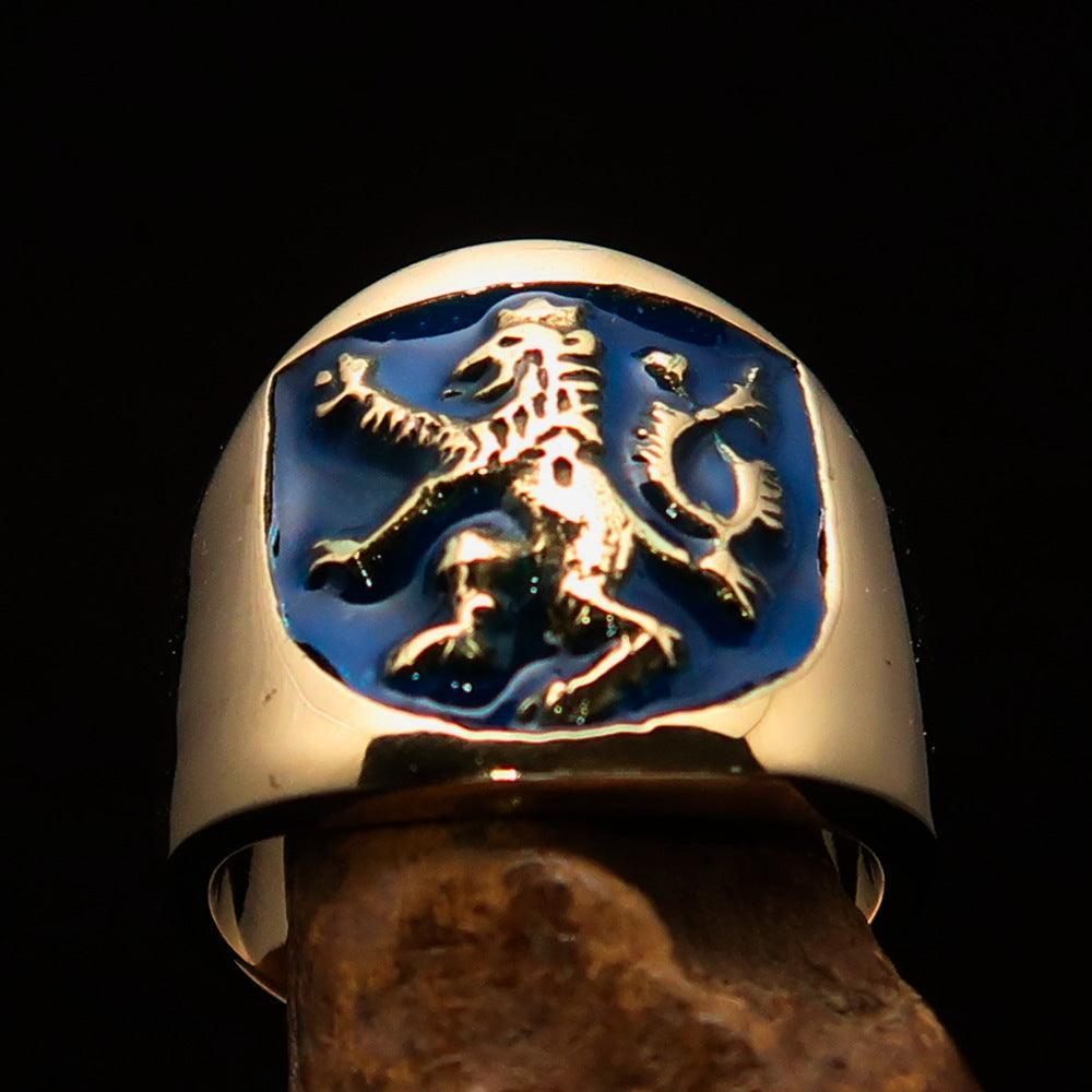 Excellent crafted ancient Men's blue Rampant Lion Ring - Solid Brass