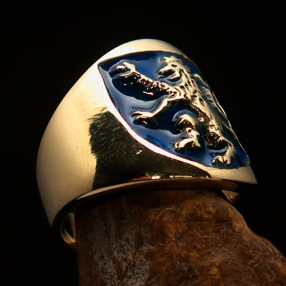 Excellent crafted ancient Men's blue Rampant Lion Ring - Solid Brass