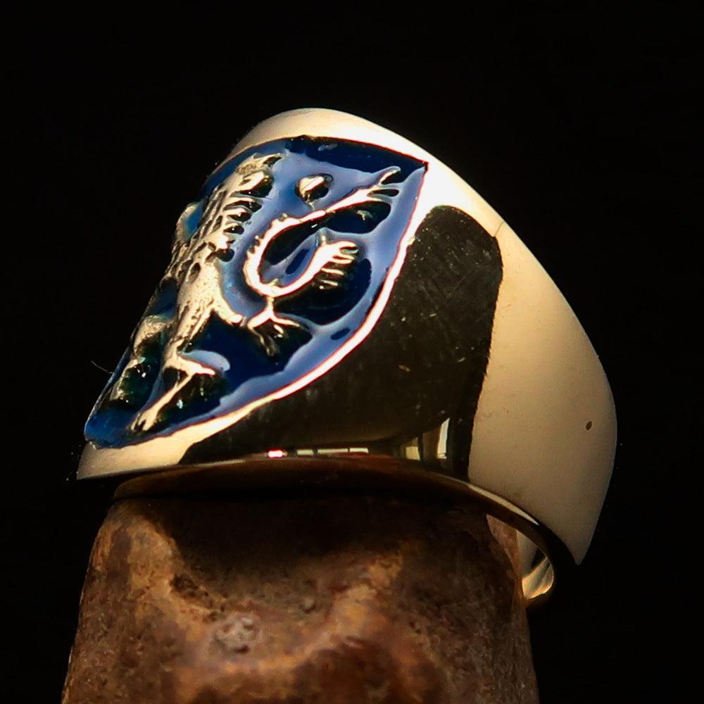 Excellent crafted ancient Men's blue Rampant Lion Ring - Solid Brass