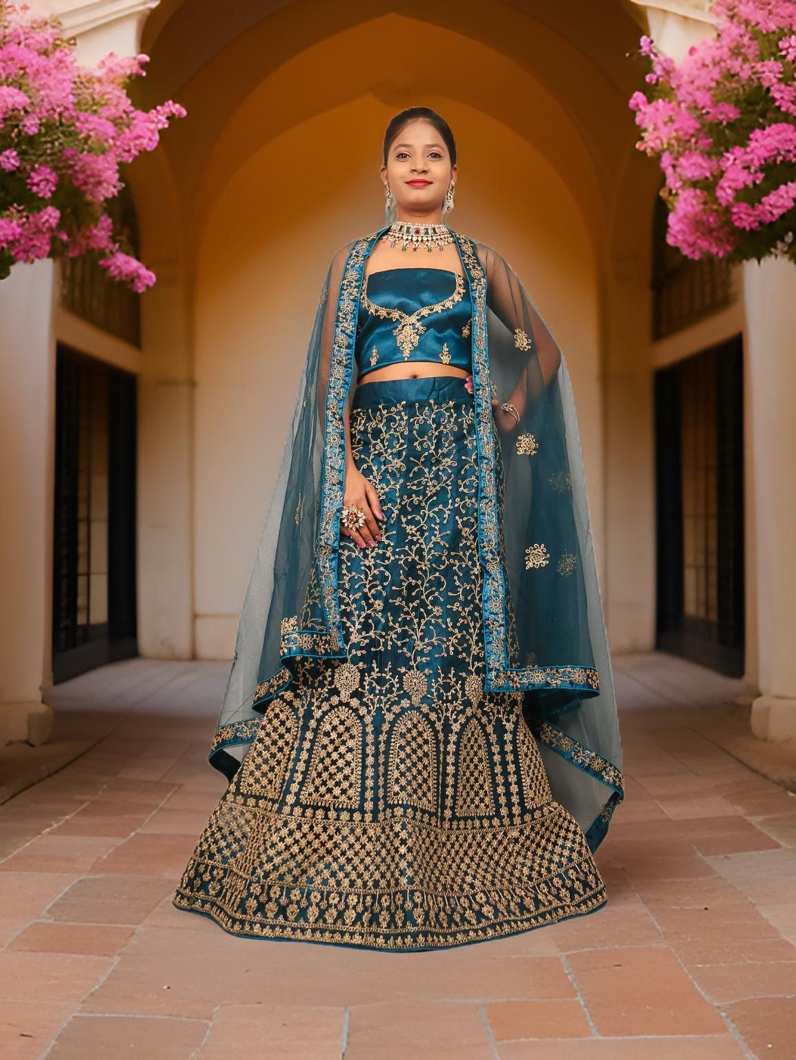 Semi-Stitched Lehenga with Soft Net Fabric & Zari Thread Work by Shreekama
